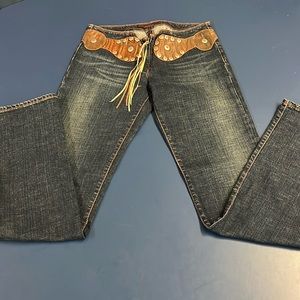 AG Adriano Goldschmied Mid-Rise Indigo Straight Boot Leather Waist Jeans Worn 1x